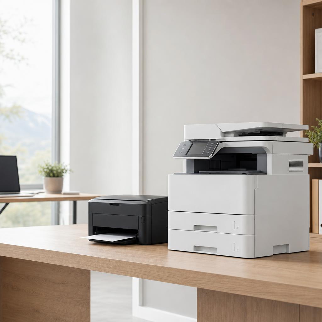 Desktop and office printers in a bright workspace